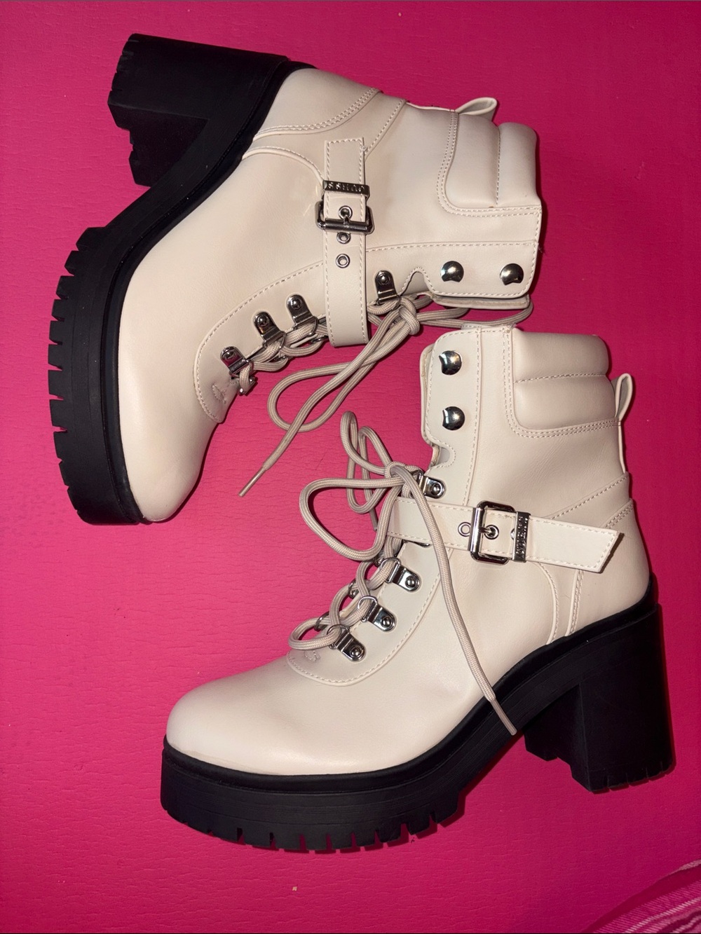 Guess Women’s Cream Lace-Up Combat Boots with Metal Accents